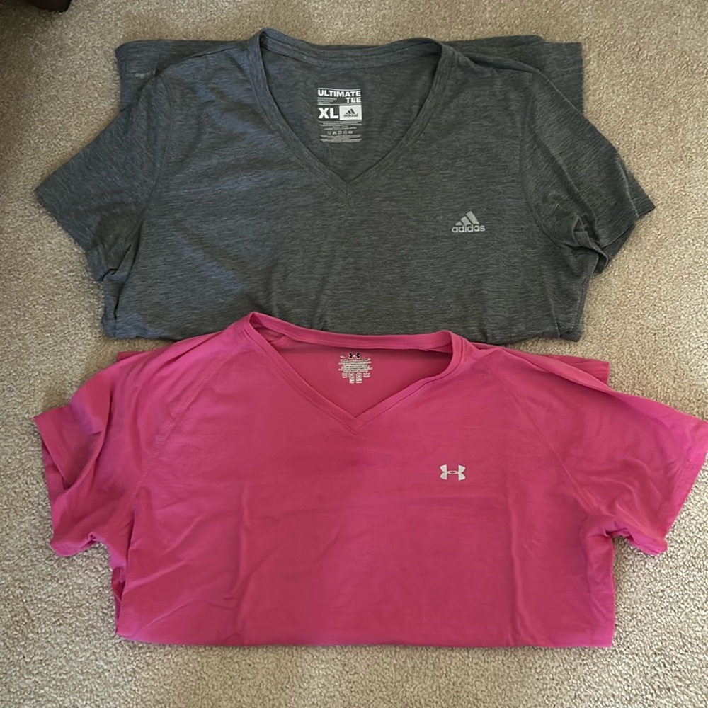 Two workout shirts, Adidas, and under Armour XL